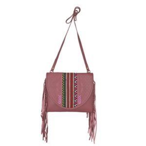 Genuine Plum Soft Leather Western Abstract Pattered Fringe Crossbody Bag NWT
